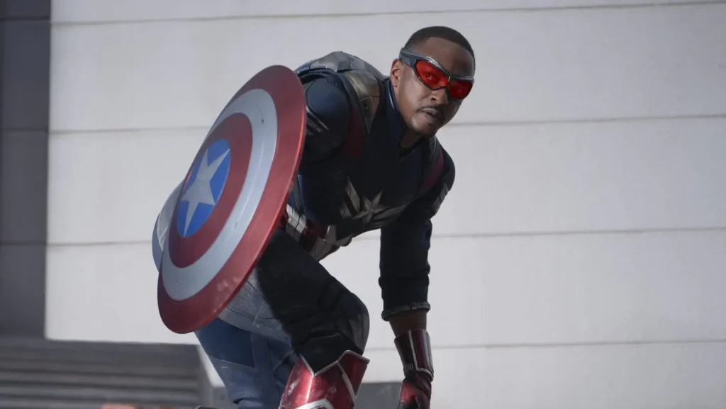 This image released by Disney shows Anthony Mackie in a scene from Marvel Studios' "Captain America: Brave New World."